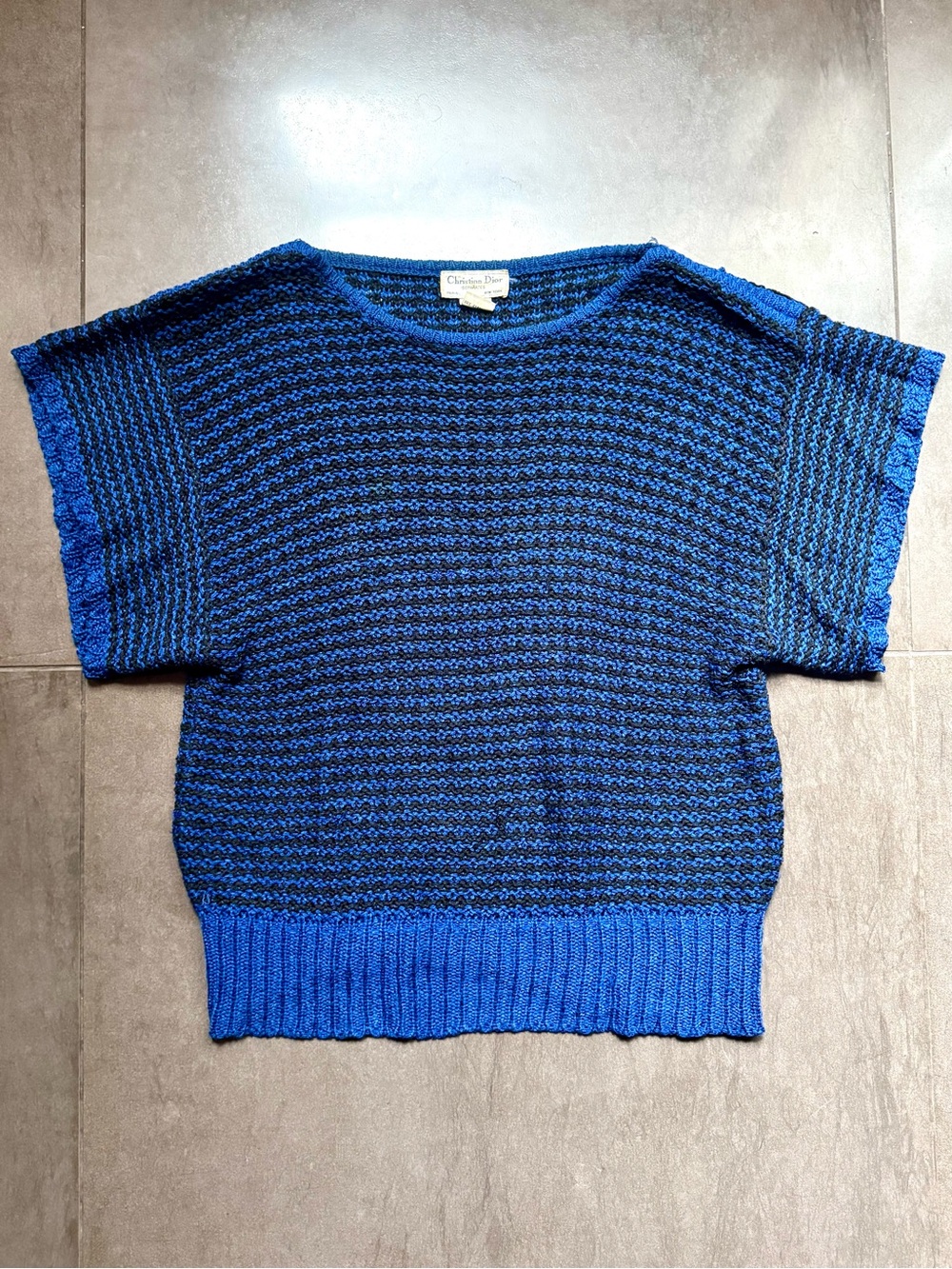 Vintage Dior Two-Tone Blue & Black Short Sleeve Knit Sweater Top, Women’s Small